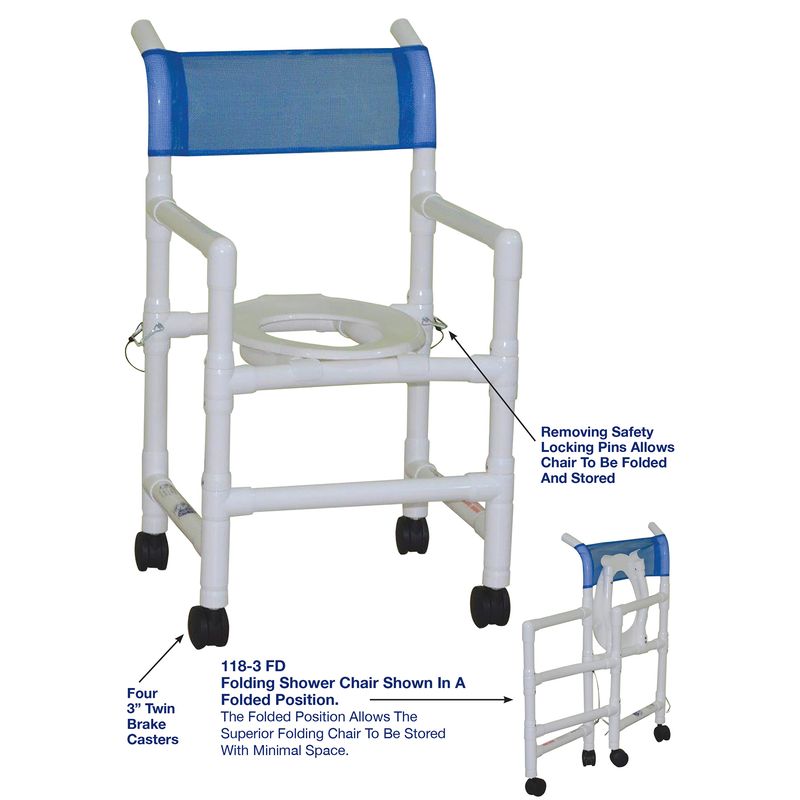 MJM International 118-3TW-FD Folding Shower Chair with Slide Out Commode Pail 200 lbs Weight Capacity
