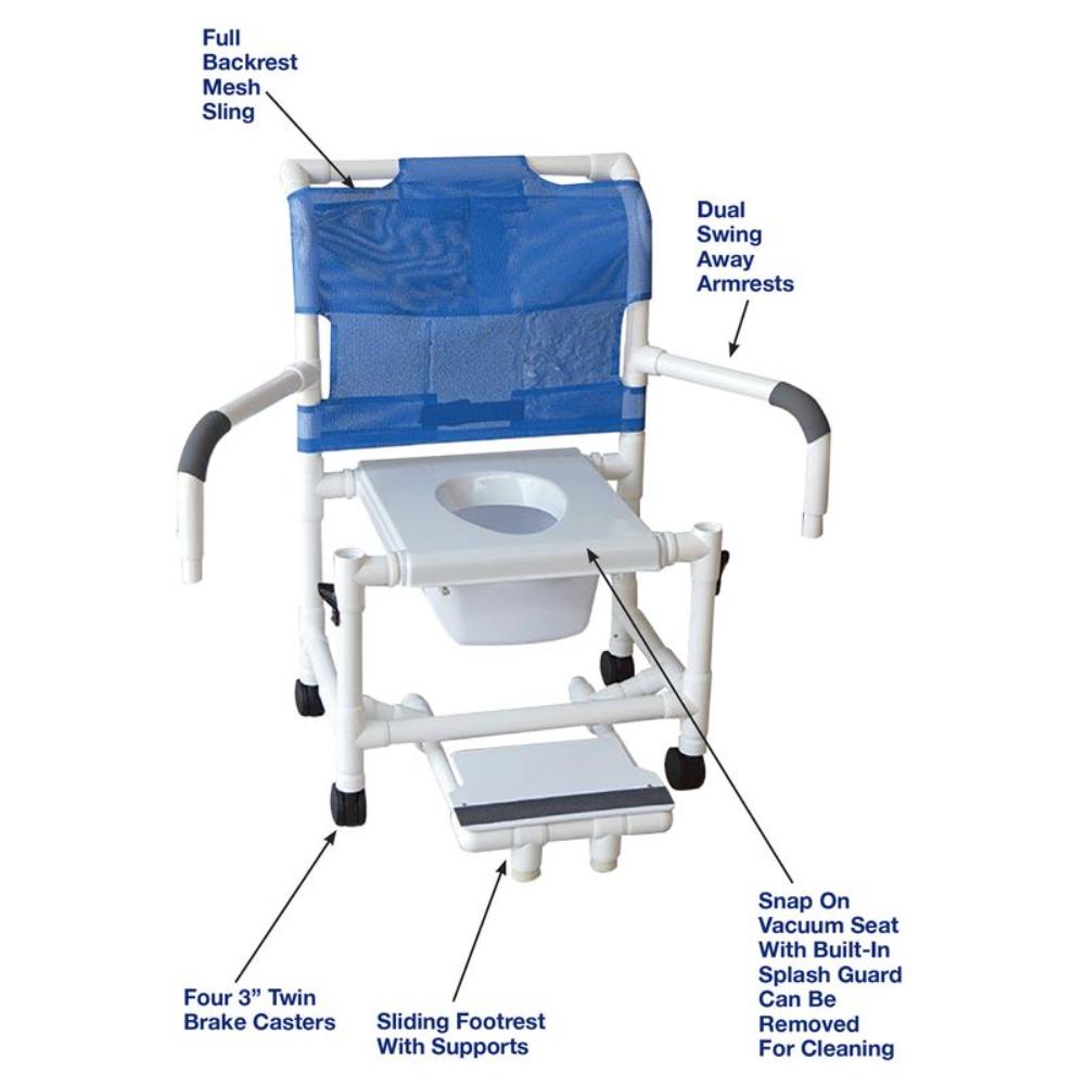 MJM International 122-3TW-VS-SFS-DDA-10-QT-C Wide Shower Chair 22" Full Support Snap On Seat, Sliding Footrest W/ Front Supports, 10 Qt Commode Pail, 375 Lbs Weight Capacity