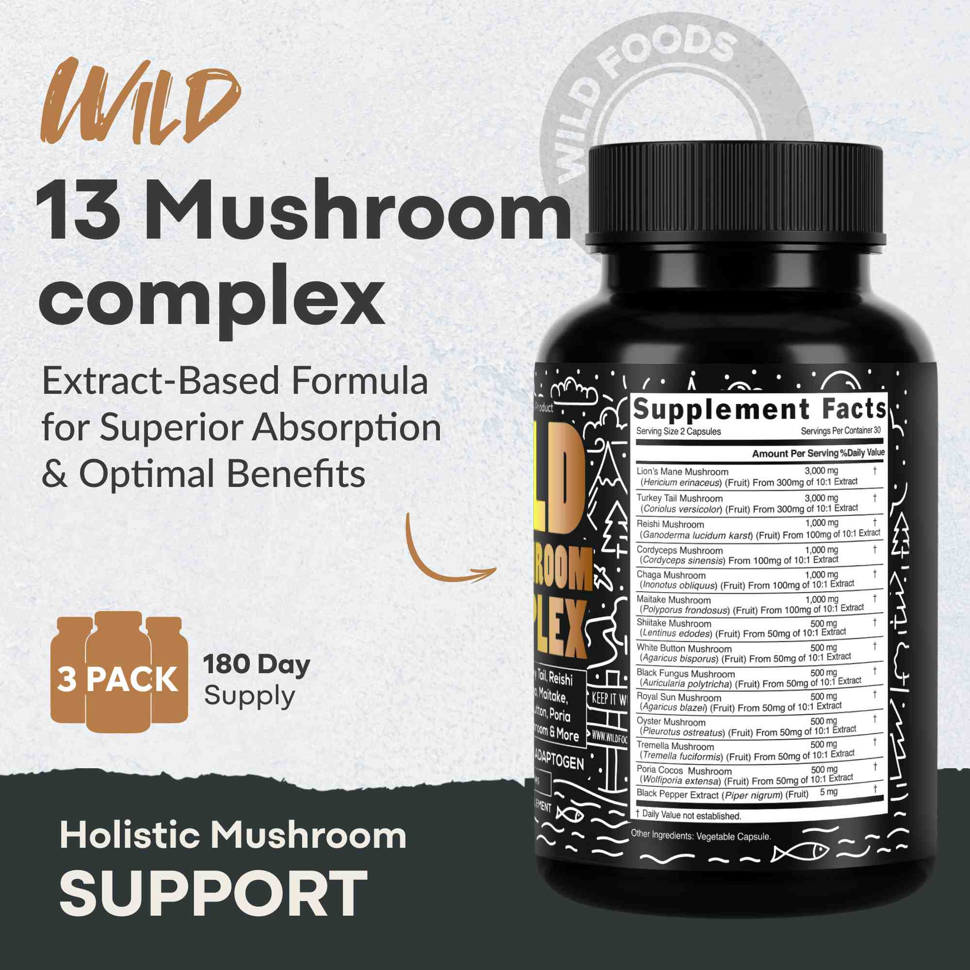 13 Mushroom Complex, 30 servings - Immunity and Longevity Support by Wild Foods