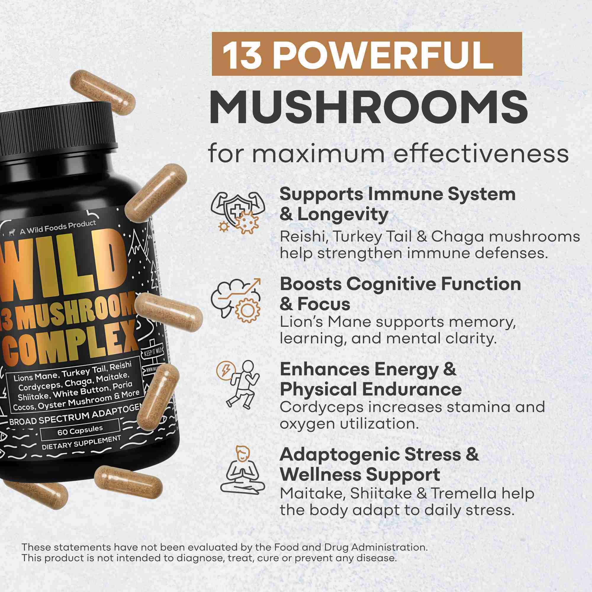 13 Mushroom Complex, 30 servings - Immunity and Longevity Support by Wild Foods