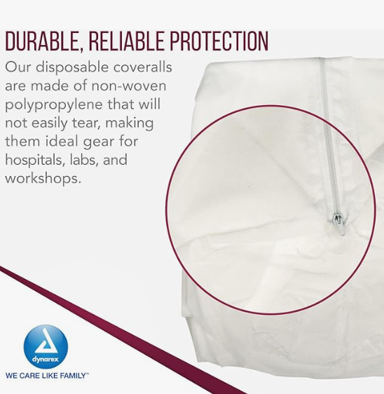 Dynarex Disposable Coveralls, Universal Size, White - 5ea/bx, 5bxs/case (25 Count)