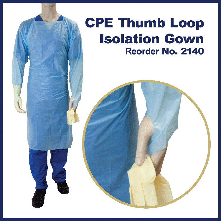 Dynarex CPE Thumb Loop Isolation Gown, Blue - 15ea/bx, 5bxs/case (75 Count)