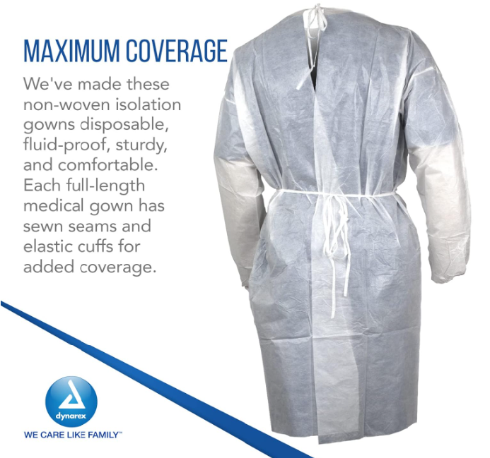 Dynarex Isolation Gown Poly - Coated Barrier, XX-Large, White - 5ea/bx, 10bxs/case (50 Count)