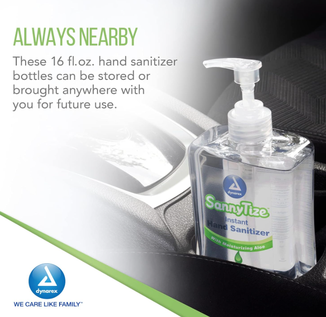 Dynarex SannyTize Instant Hand Sanitizer, 16 oz. Square Pump, 12bot/case (12 Count)