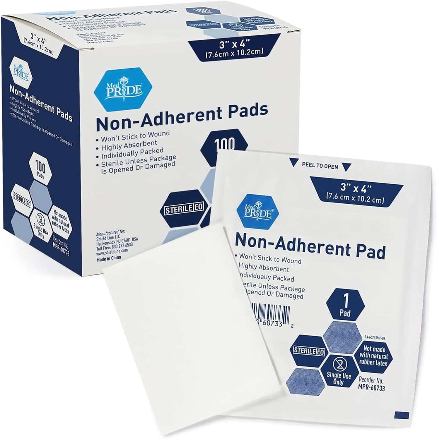 MedPride Sterile Non-Adherent Pads 3"x 4"| Non-Adhesive Wound Dressing | Highly Absorbent & Non-Stick, 100/box, Case of 12 (1200 Count)