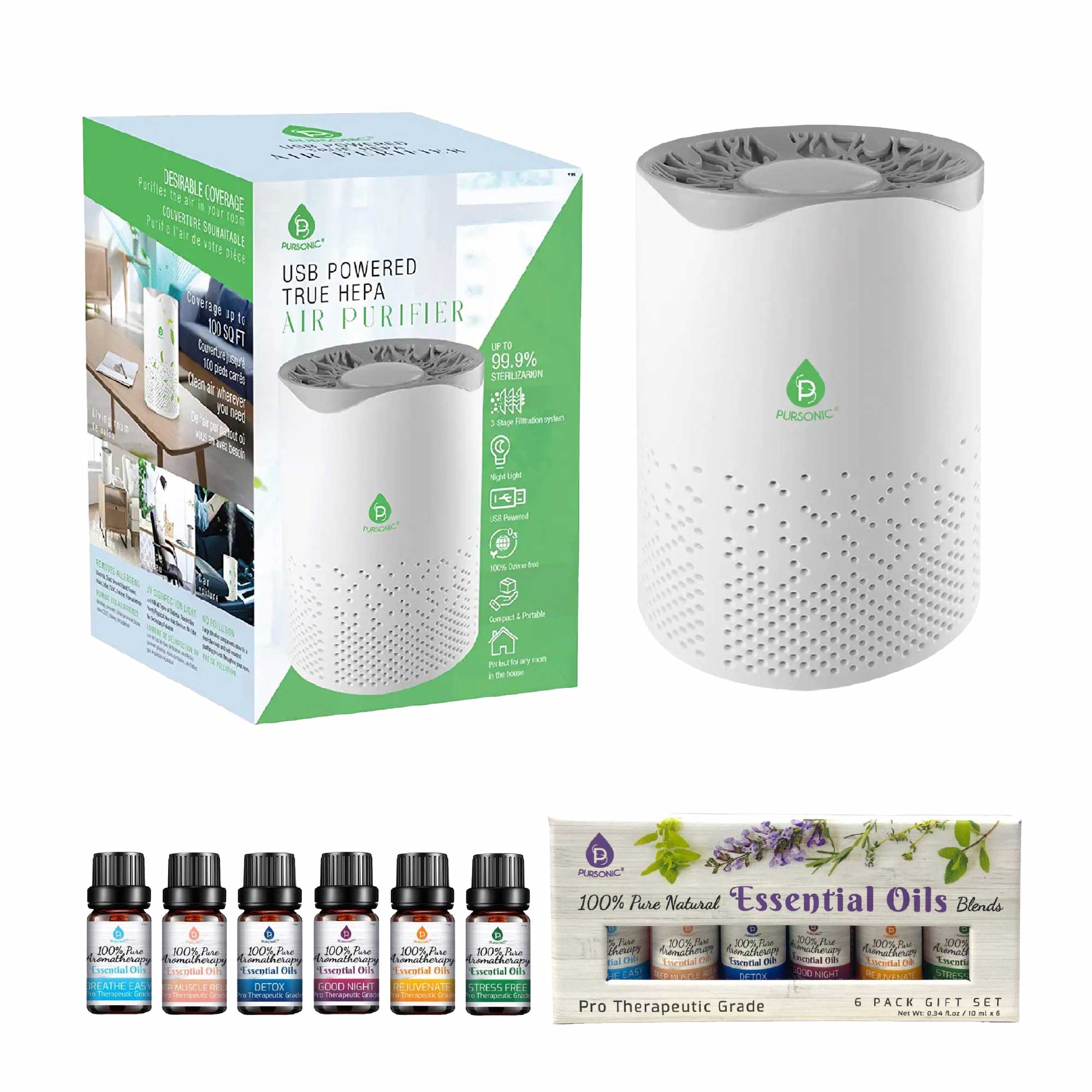 Pursonic Air Purifier with 6-Pack Premium Essential Oils Collection by Pursonic