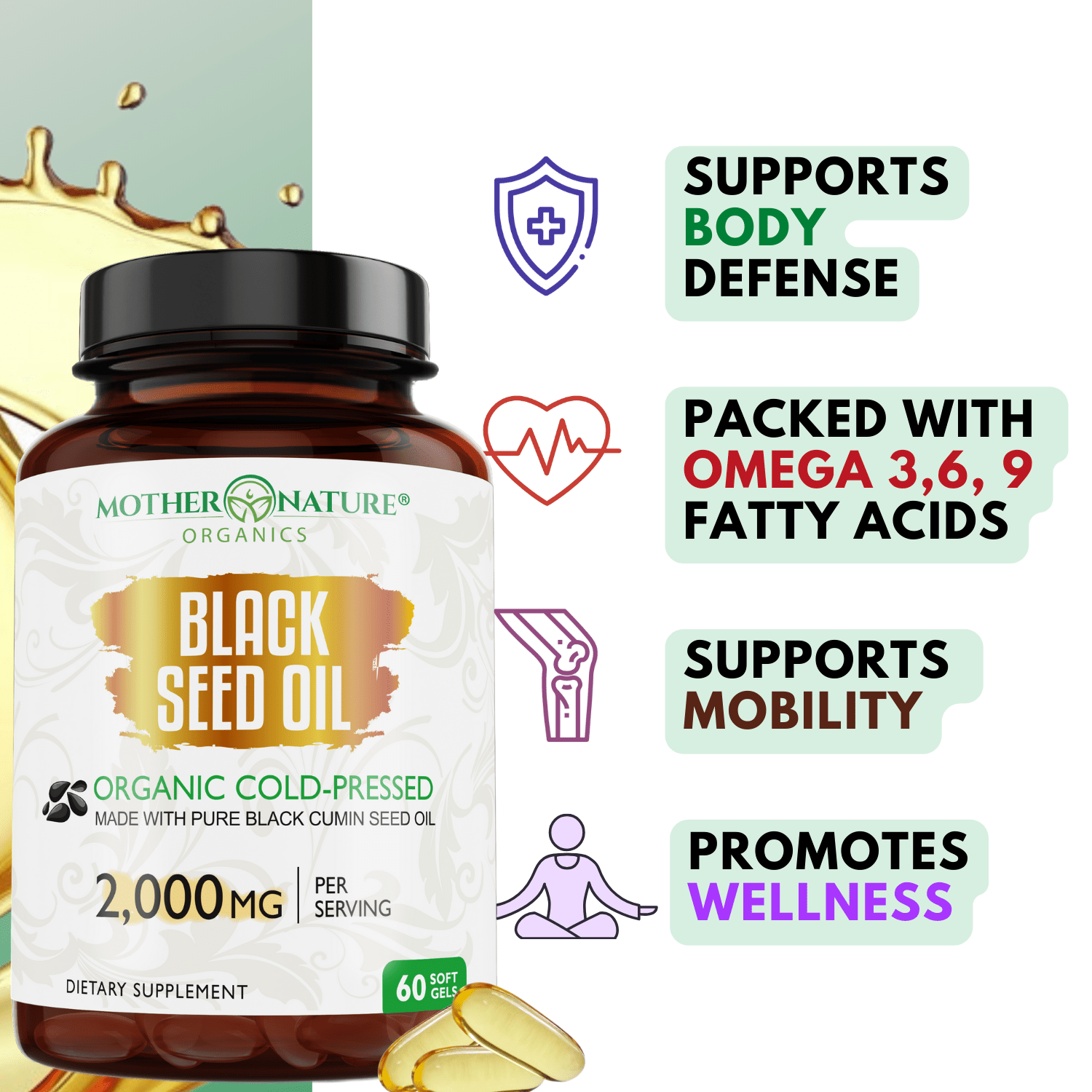 Black Seed Oil Capsules 2,000mg (Softgel) by Mother Nature Organics