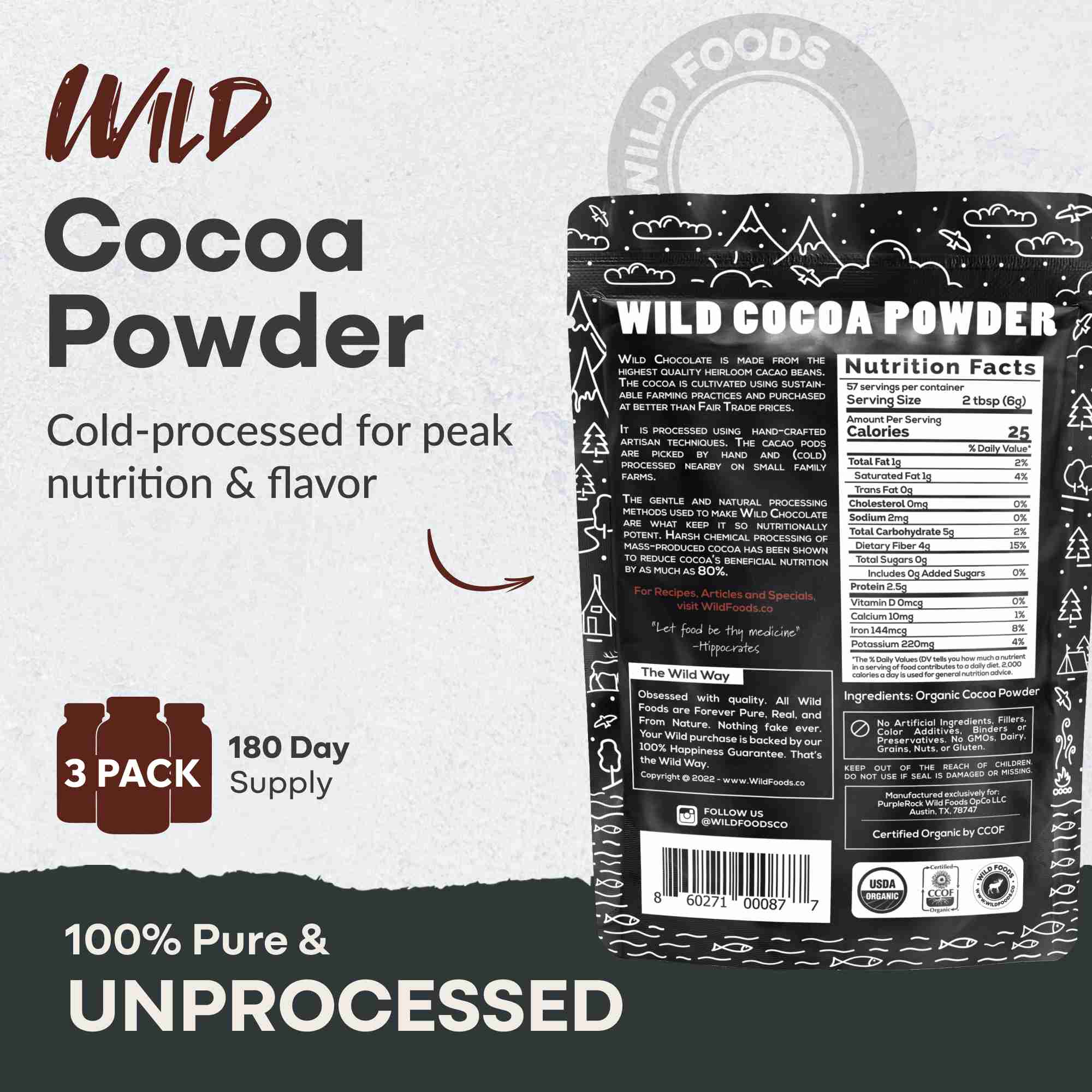 Cocoa Powder, 57 servings - Single-Origin Antioxidant by Wild Foods