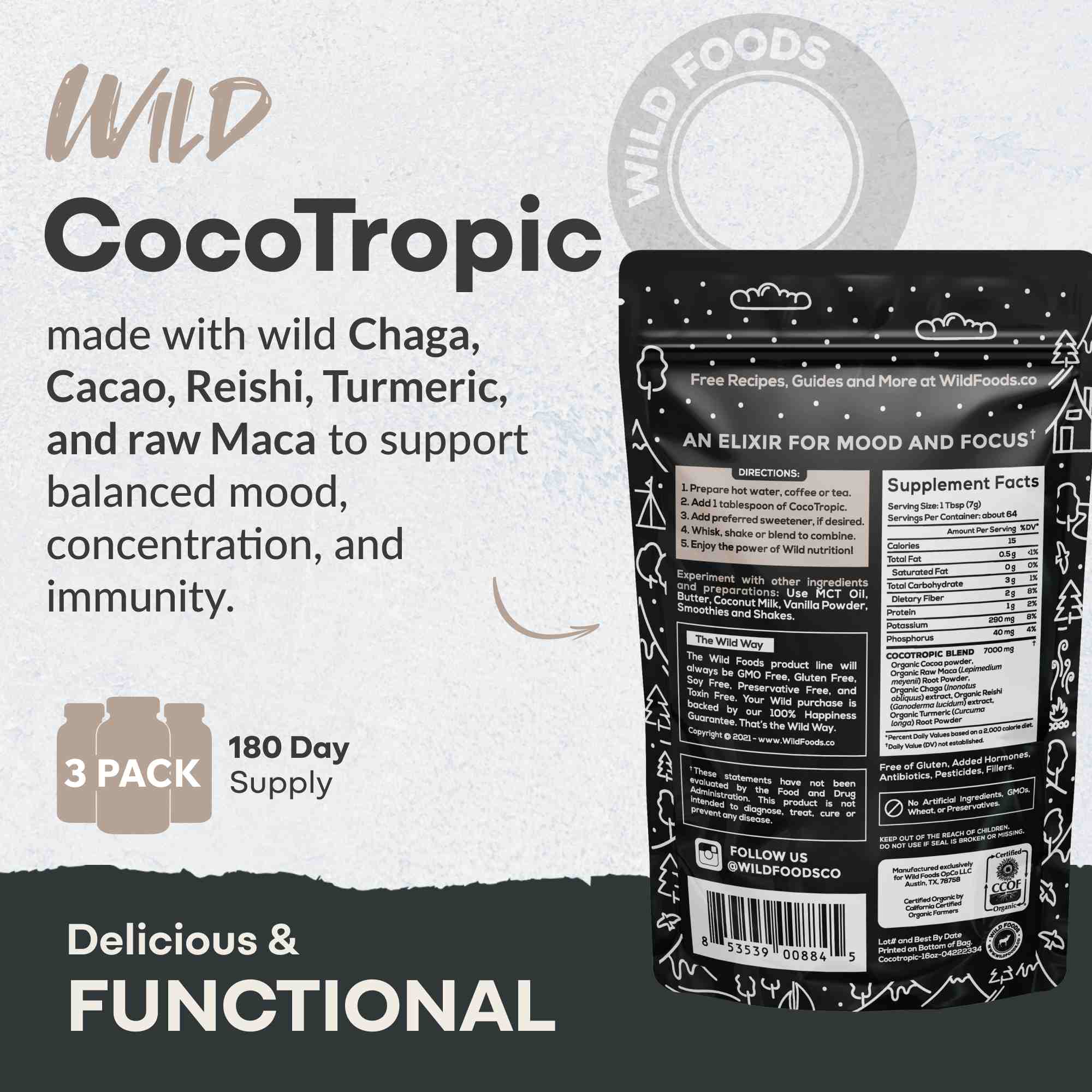 CocoTropic, 32 servings – Organic Mushroom Mix for Energy & Focus by Wild Foods