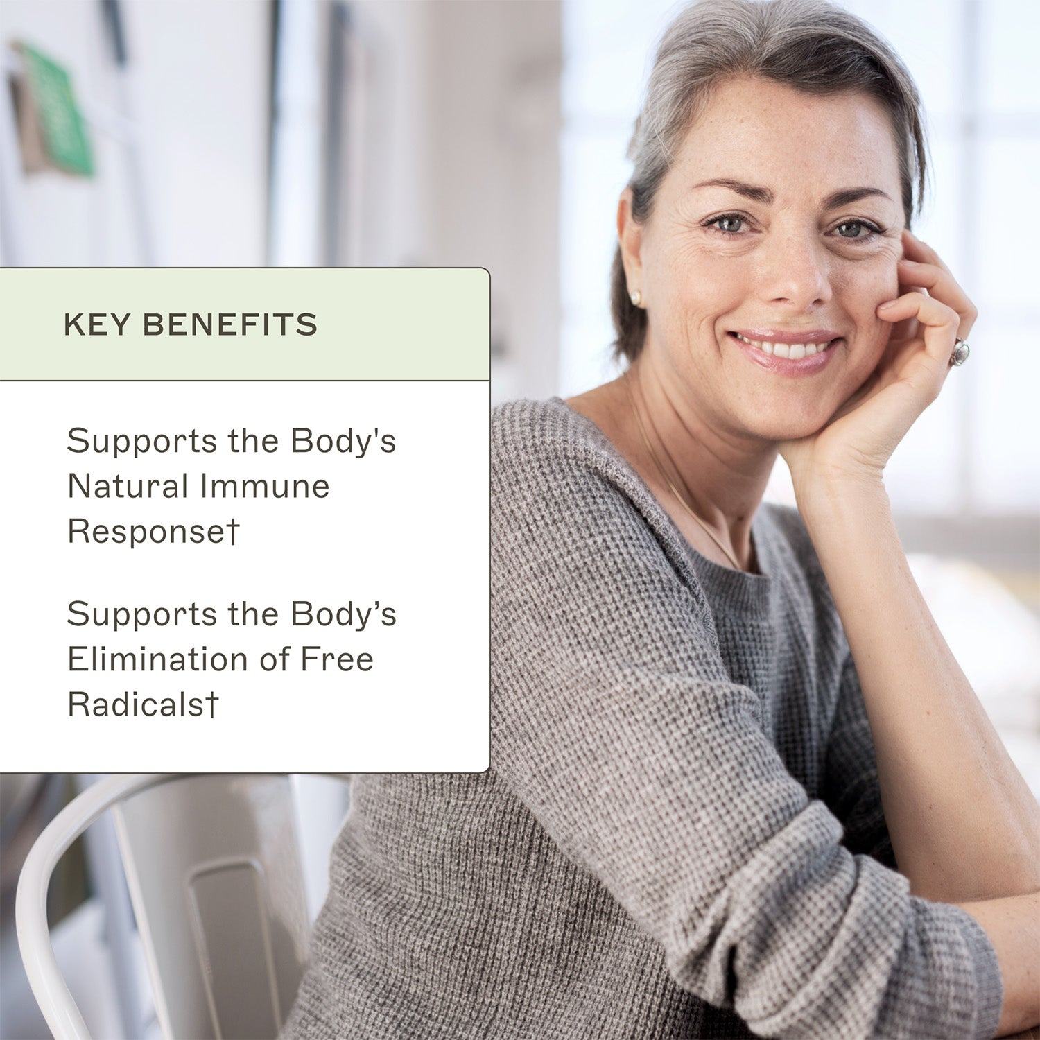 AMMD Complete Omega-3 Key Benefits inforgraphic. Supports the body's natural immune response†. Supports the body's elimination of free radicals†.