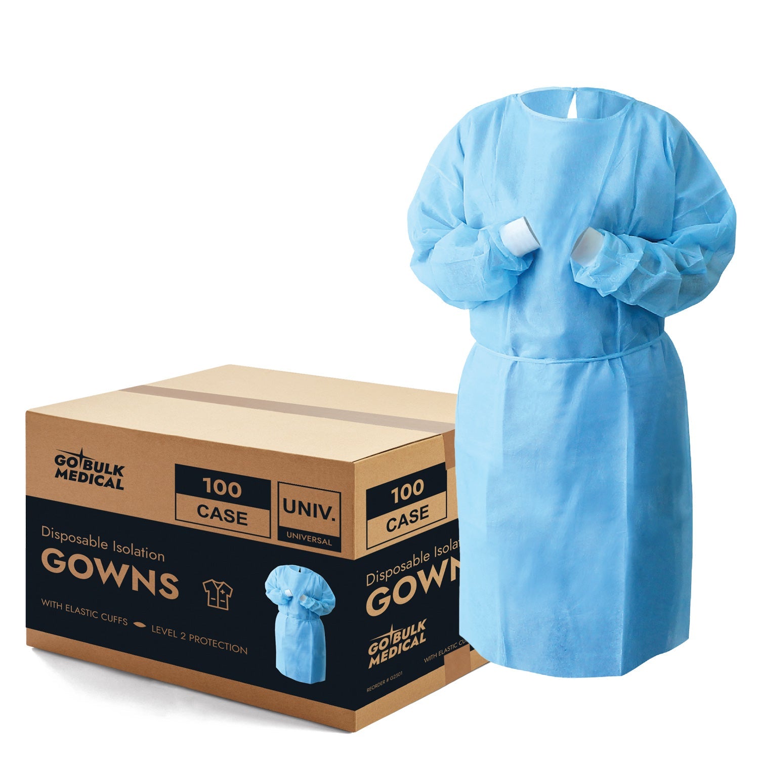 Disposable Isolation Gowns with Elastic Cuffs - Universal Size, Level 2, PP/PE, 100/Case - Blue