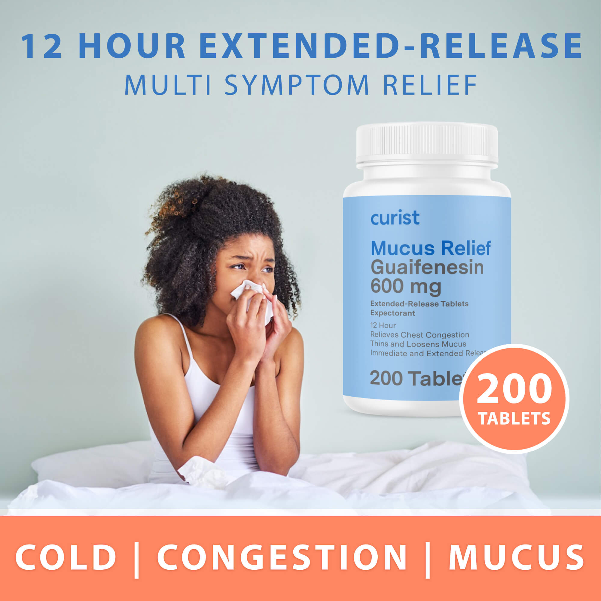 picture of person with congestion - 12 hour extended-release multi symptom relief - cold congestion mucus - 200 tablets