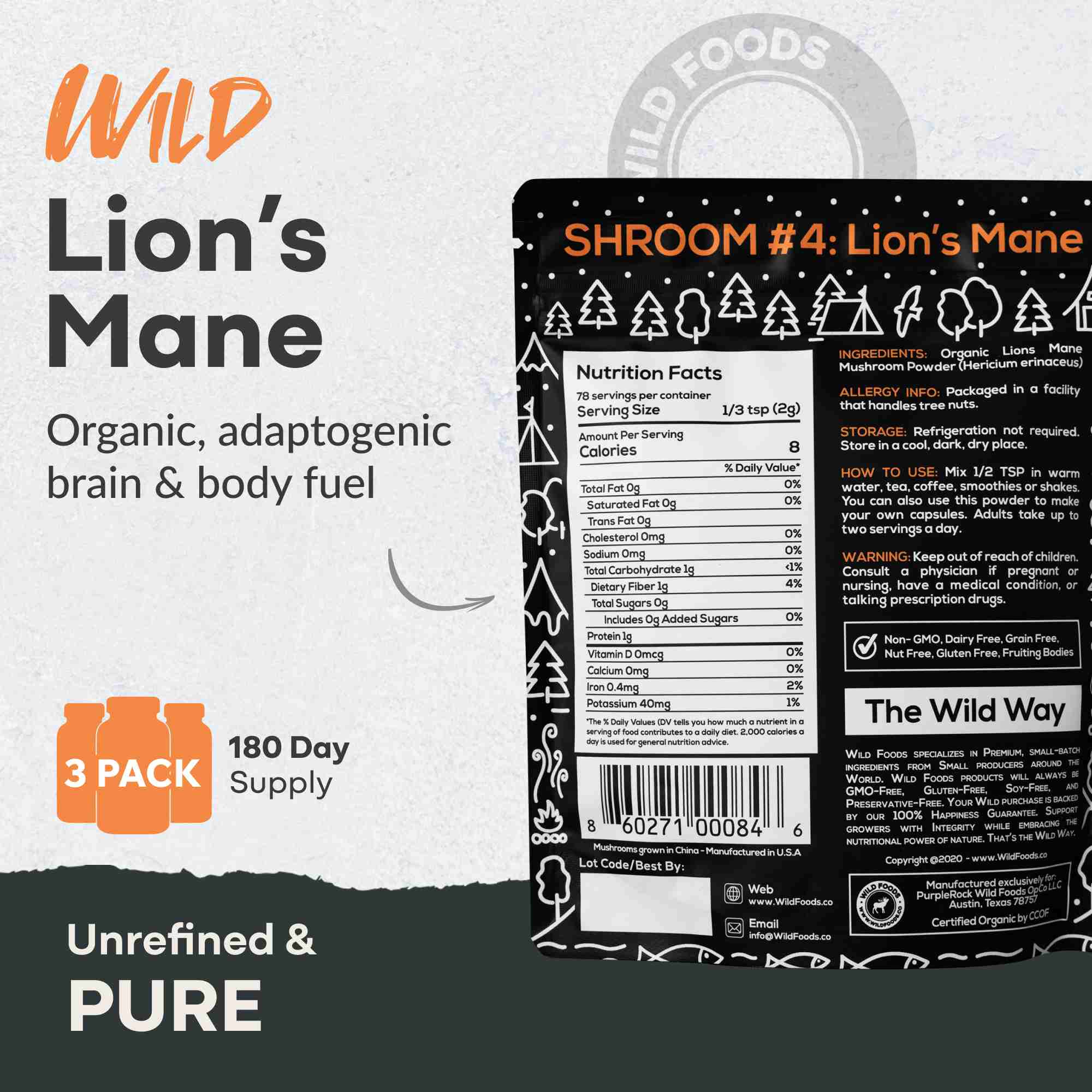 Shroom Extract #4, 78 servings - Lion's Mane, Immunity and Digestive Support by Wild Foods