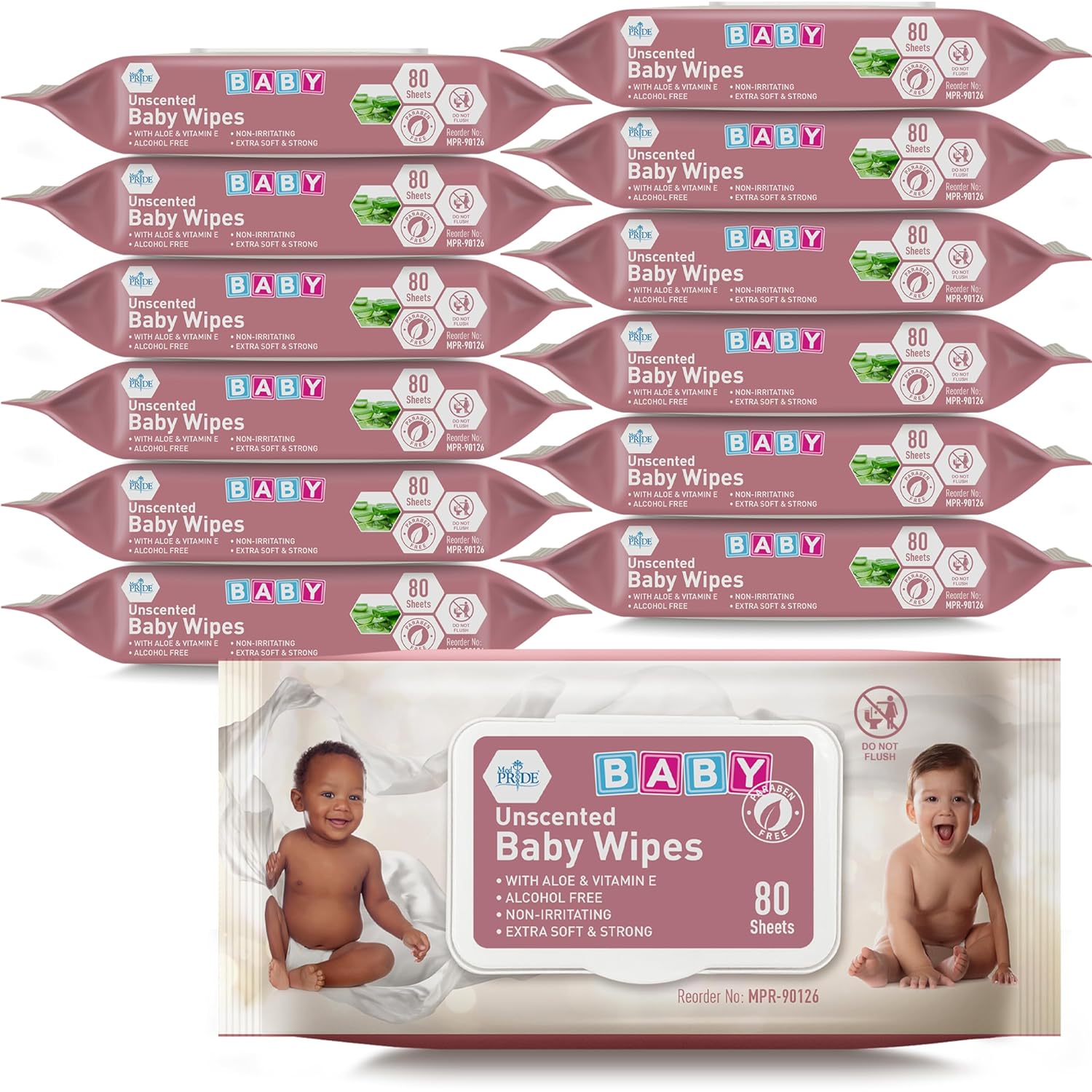 MedPride Baby Wipes, Unscented with Aloe Vera and Vitamin E, Pink 6" x 7.5", 80/Pack, Case of 24 (1920 count)