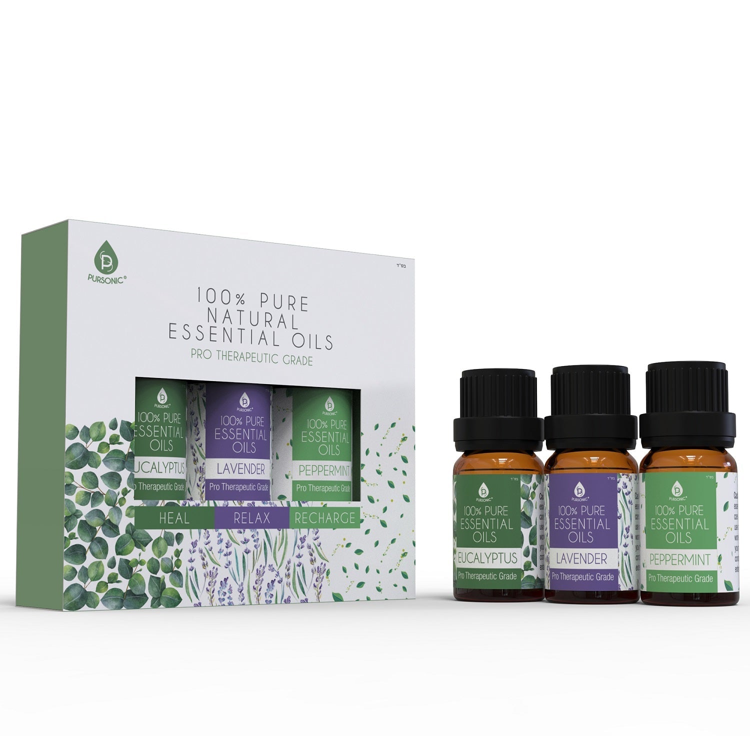 3 pack of 100% Pure Essential Oils (Eucalyptus, Lavender & Peppermint) by Pursonic