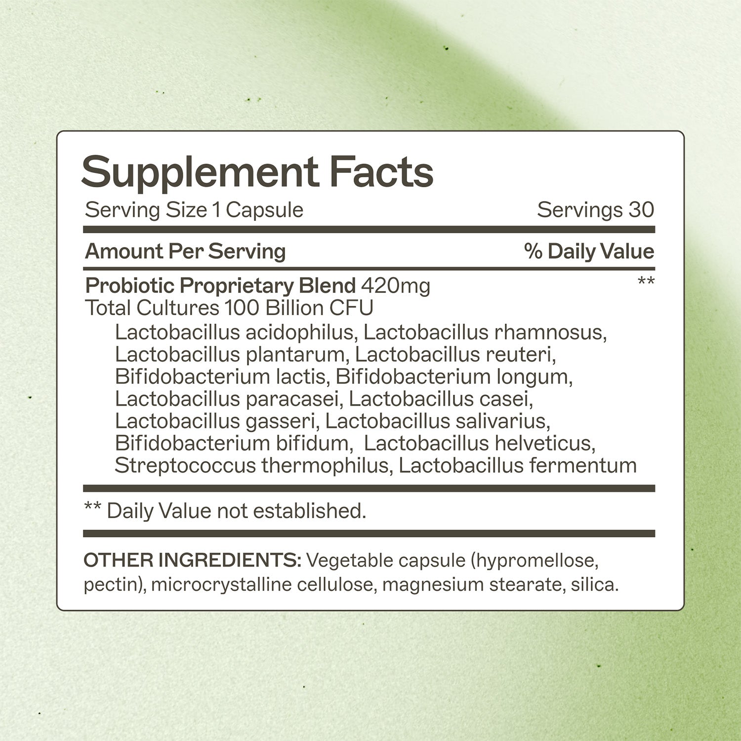 Probiotic 100 Billion Supplement Facts Panel
