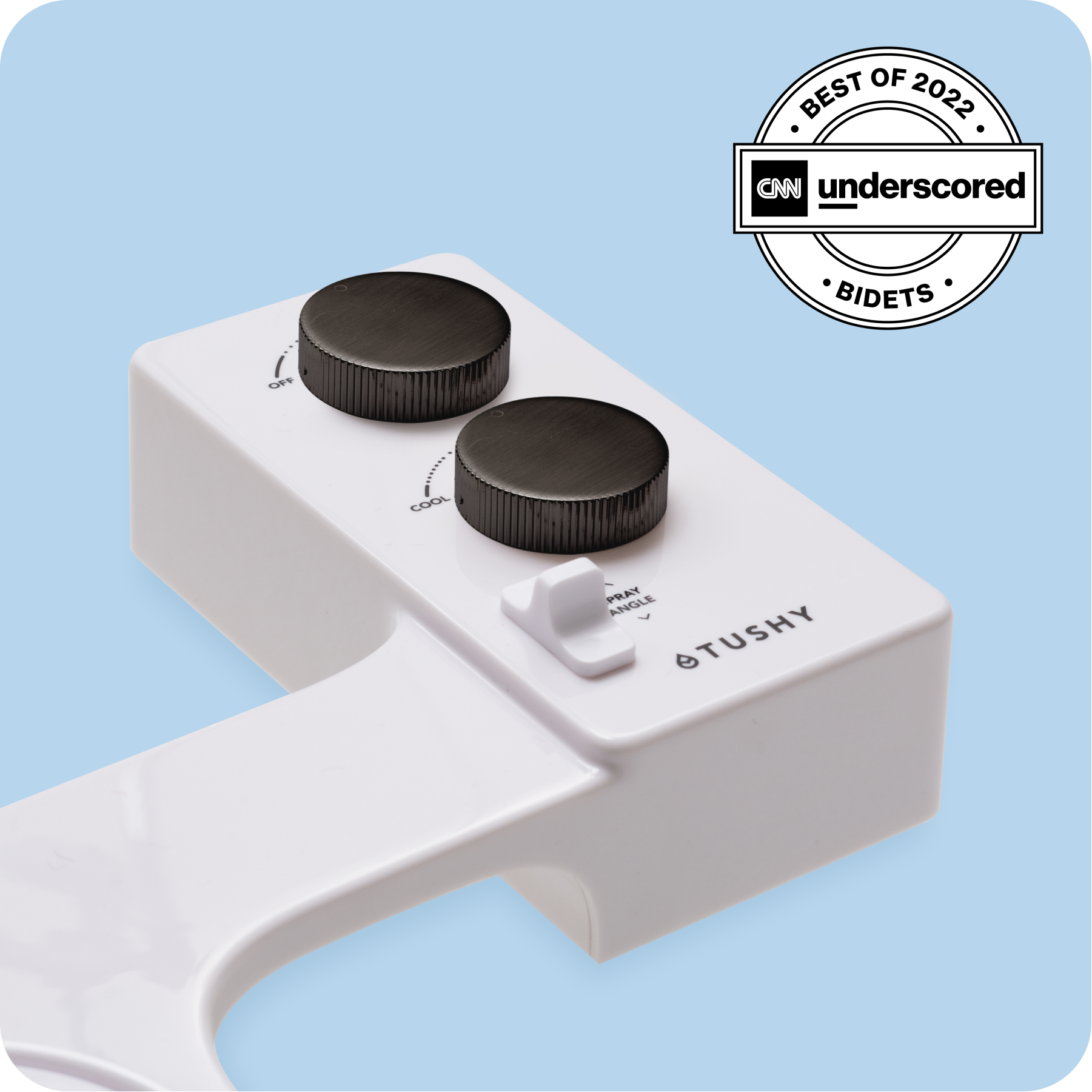 Tushy Spa 3.0 White / Gunmetal - a warm water bidet attachment by TUSHY White with Gunmetal Knobs