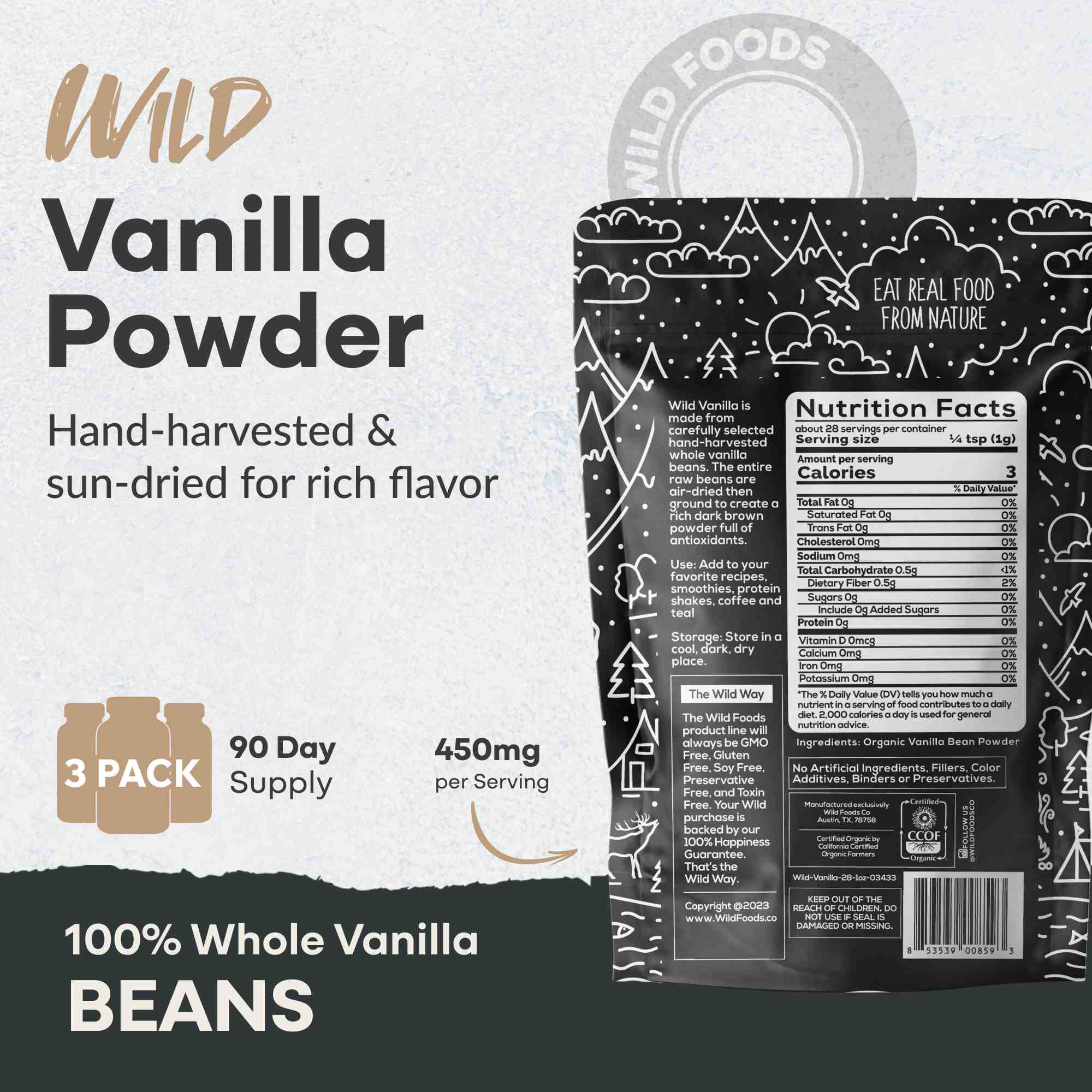 Vanilla Powder, 28 servings - Organic Ground Whole Vanilla Beans by Wild Foods