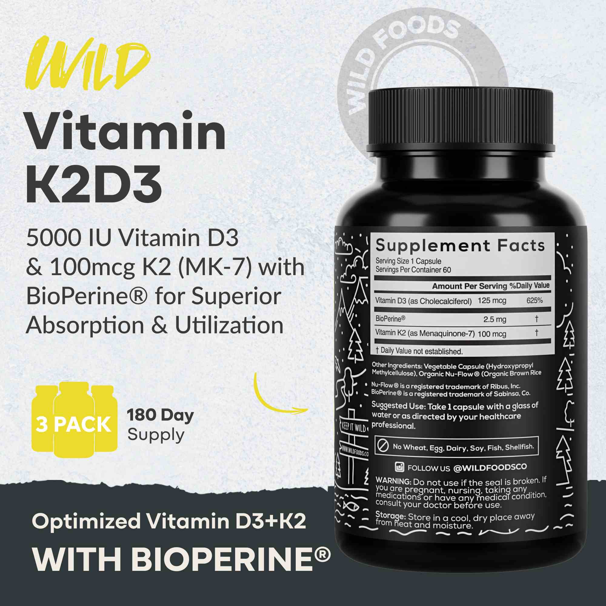 Vitamin K2 (MK-7) & Vitamin D3 (5000 IU) & Black Pepper Extract by Wild Foods