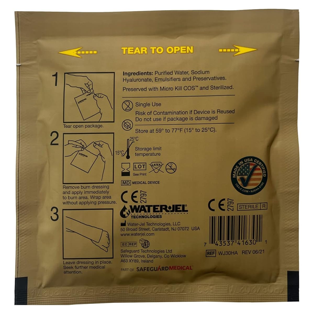 Water Jel Military Sterile Burn Dressing, HA - 4" x 16" (28 Dressings/Case)