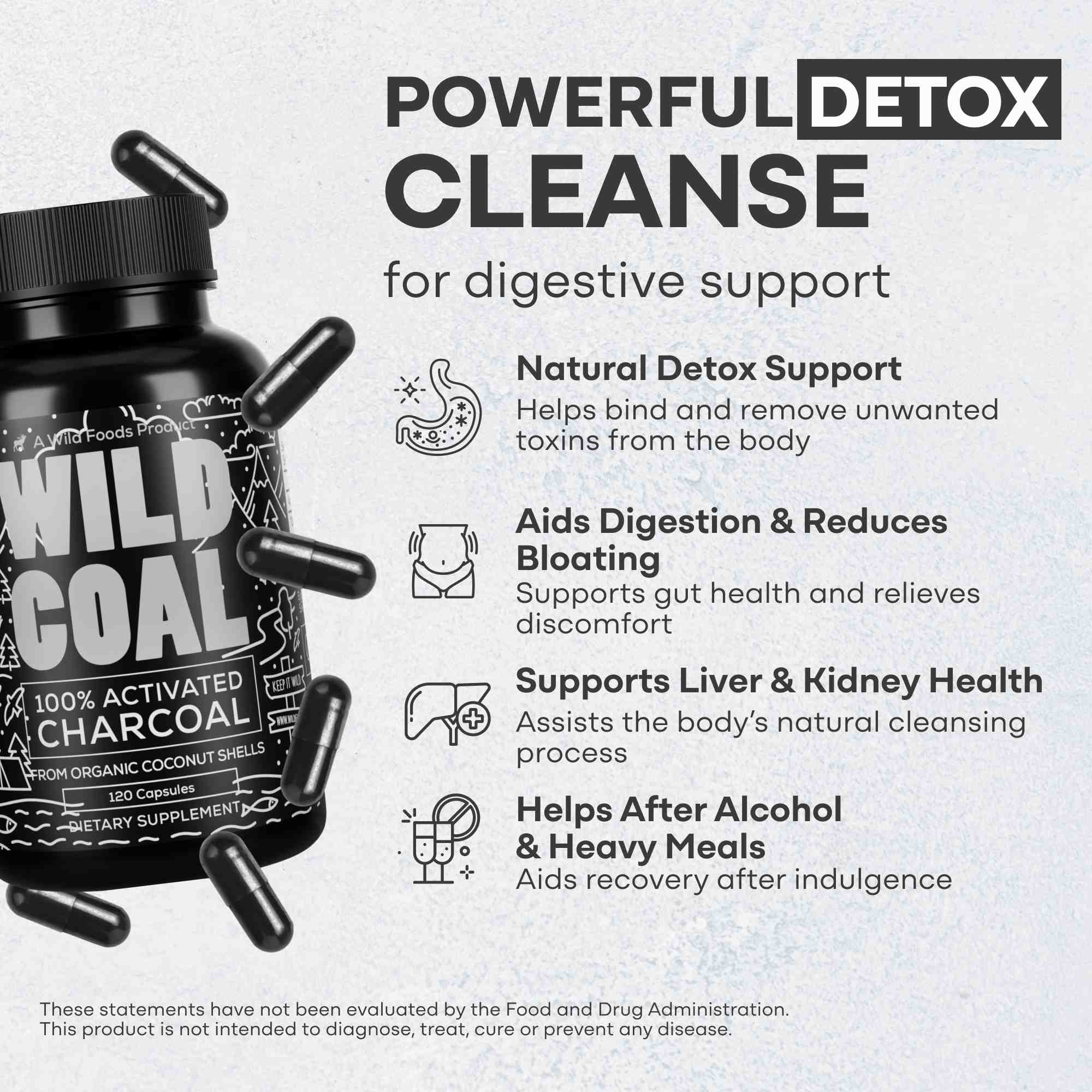 Activated Charcoal Capsules, 60 servings - Made from 100% Organic Coconuts by Wild Foods