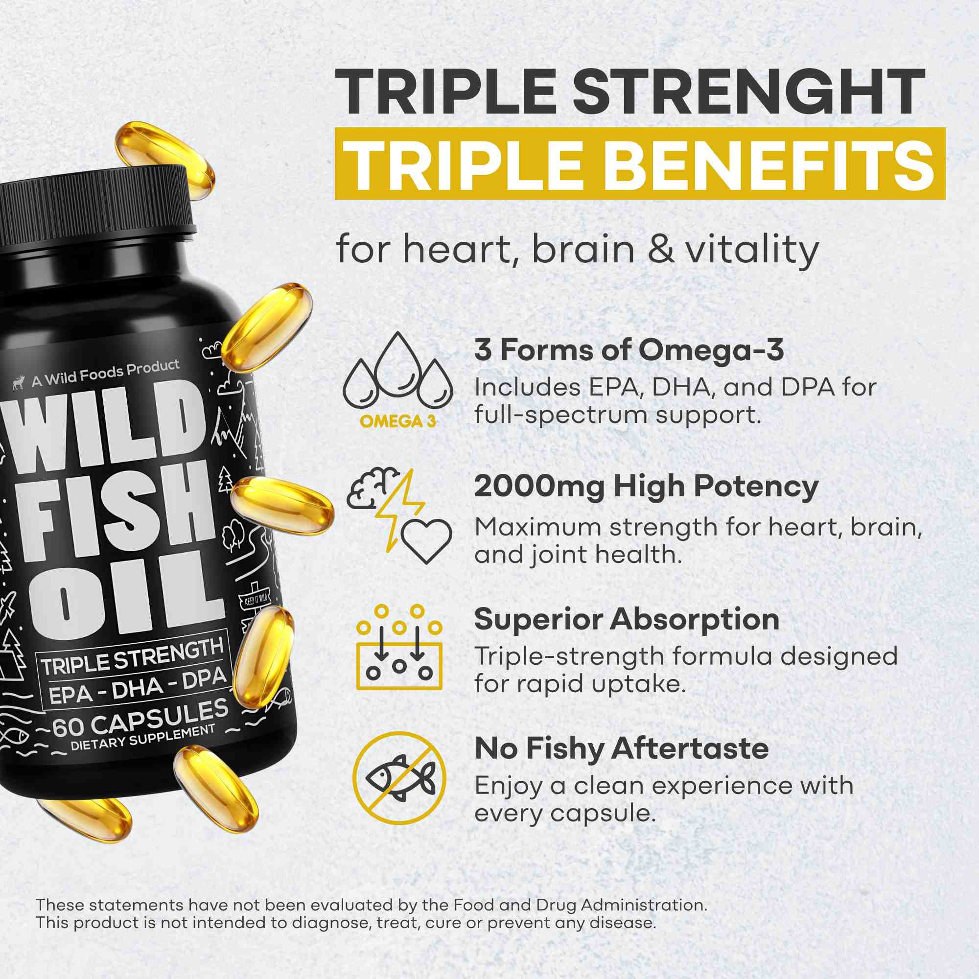 Wild Fish Oil Capsules, Omega-3 Blend, Sustainable, Pure, Third-Party Tested by Wild Foods