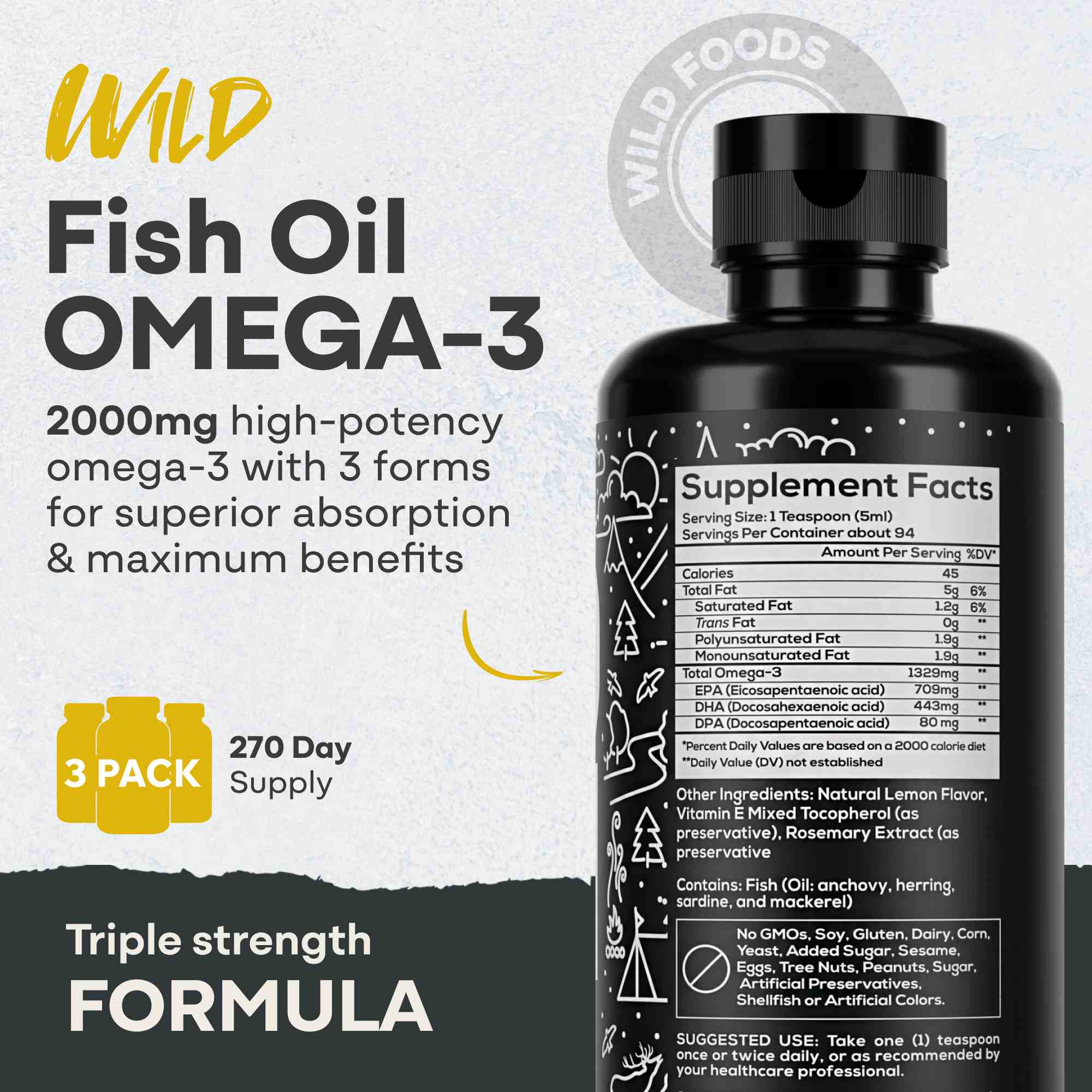 Fish Oil Liquid, 94 servings - Omega-3 DHA, EPA, DPA by Wild Foods