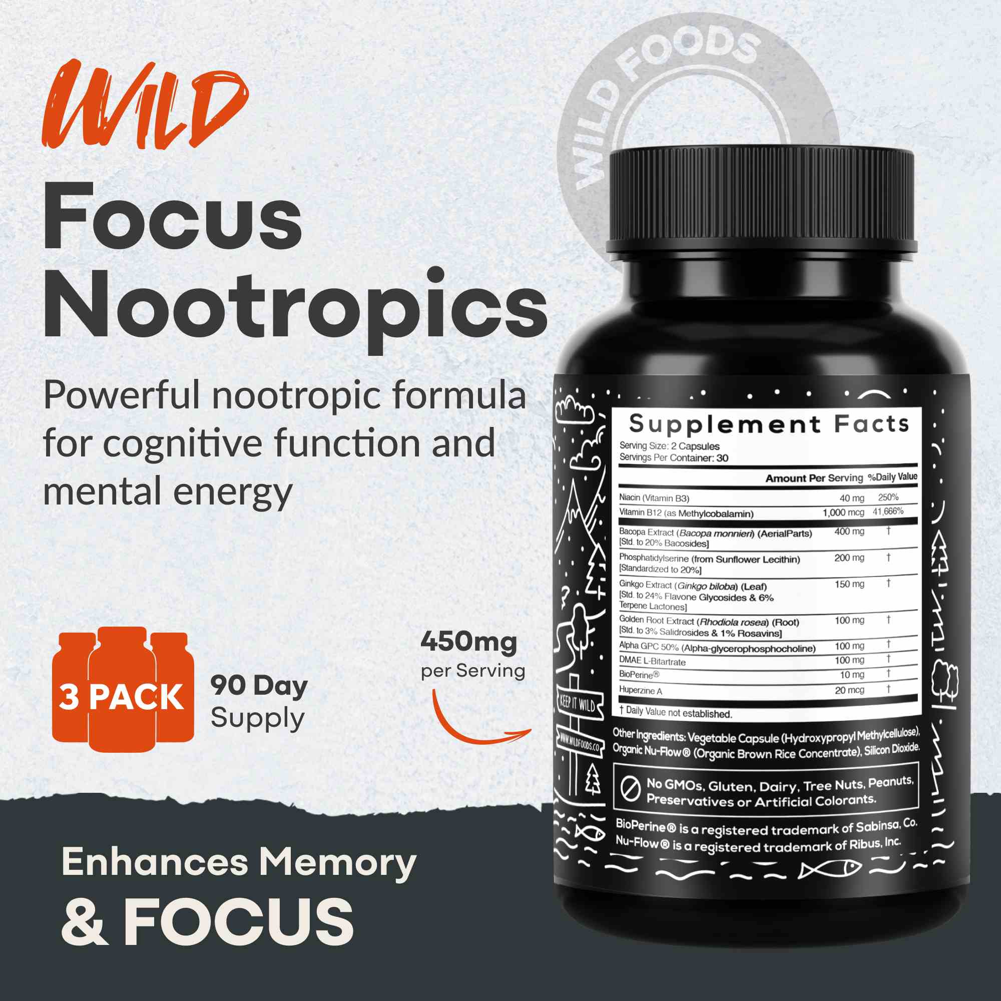 Focus Nootropic Blend, 30 servings – Cognitive Support for Memory & Focus by Wild Foods