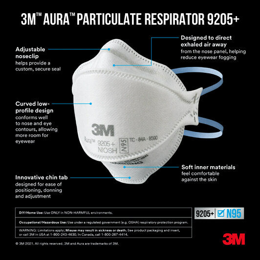 3M Aura Particulate Respirator N95 NIOSH 9205+ 440/CS