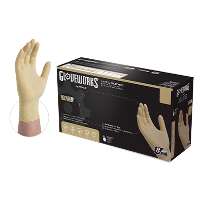 a photo of the gloveworks latex powder free gloves in yellow