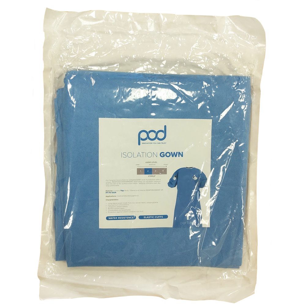 Pods Health Blue Disposable Isolation Gowns , Level 2, 35 GSM 100/Case