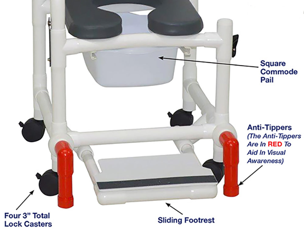 MJM International 118-3TW-SSDE-CBP-PI-DDA-SF-10-QT-C-AT Shower Chair With Soft Seat Deluxe Elongated, Cushion Back, Dual Swing Away Armrests, Sliding Footrest, Square Pail And Anti-Tippers