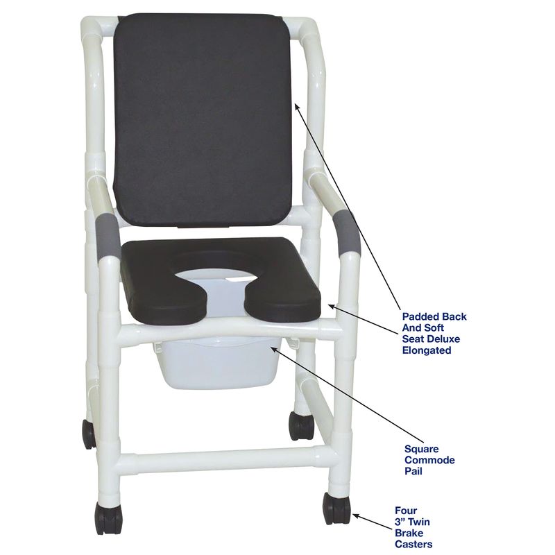 MJM International 118-3TW-SSDE-CBP-SQ-PAIL-BLK Shower Chair Deluxe Elongated Open Front Soft Seat, Cushioned Padded Back, 10 Qt Slide Out Commode Pail, 300 lbs Capacity