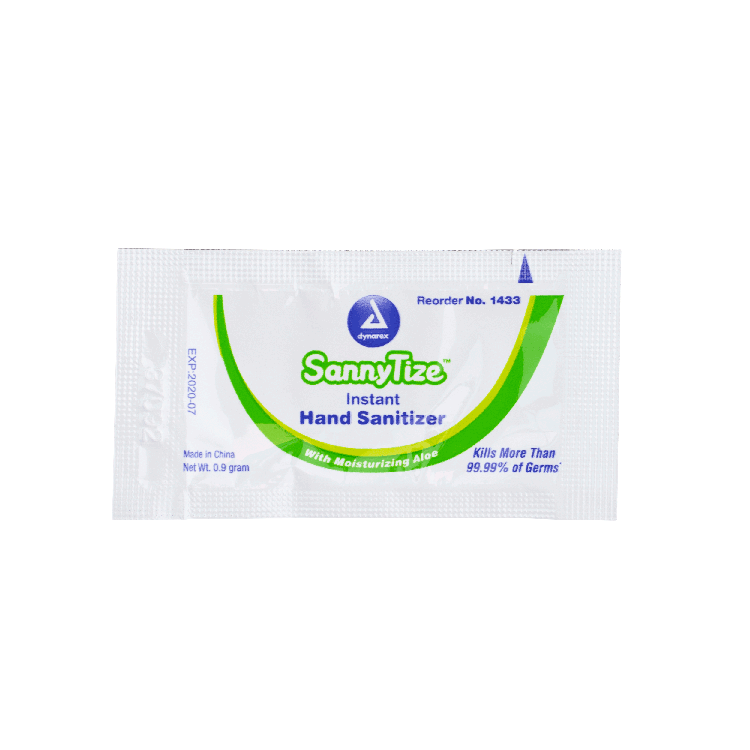 Dynarex SannyTize Instant Hand Sanitizer, 0.9 g Packet, 144ea/bx, 12bxs/case (1728 Count)