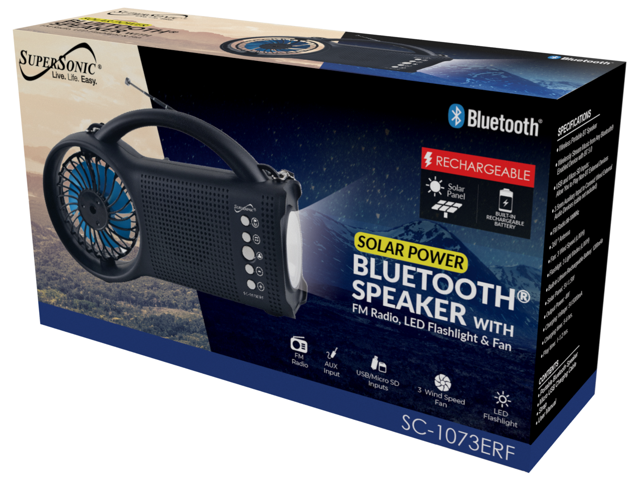 Supersonic Solar Power Bluetooth Speaker with FM Radio / LED Torch Light / Fan by Jupiter Gear