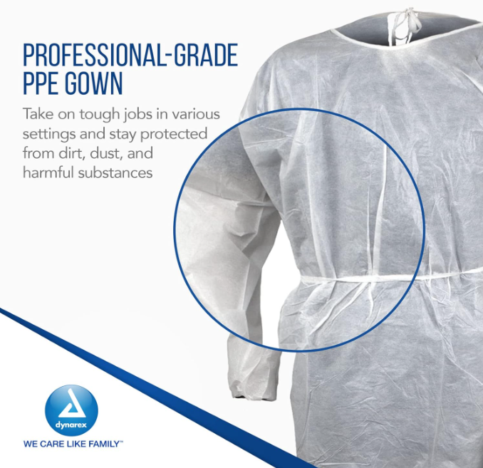 Dynarex Isolation Gown Poly - Coated Barrier, XX-Large, White - 5ea/bx, 10bxs/case (50 Count)