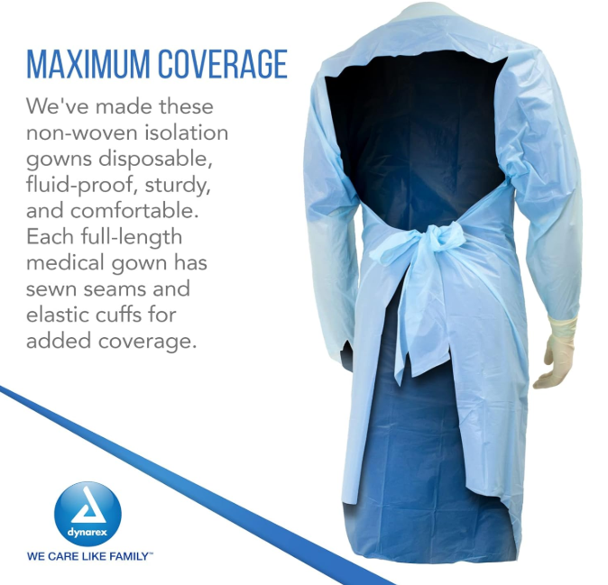 Dynarex CPE Thumb Loop Isolation Gown, Blue - 15ea/bx, 5bxs/case (75 Count)