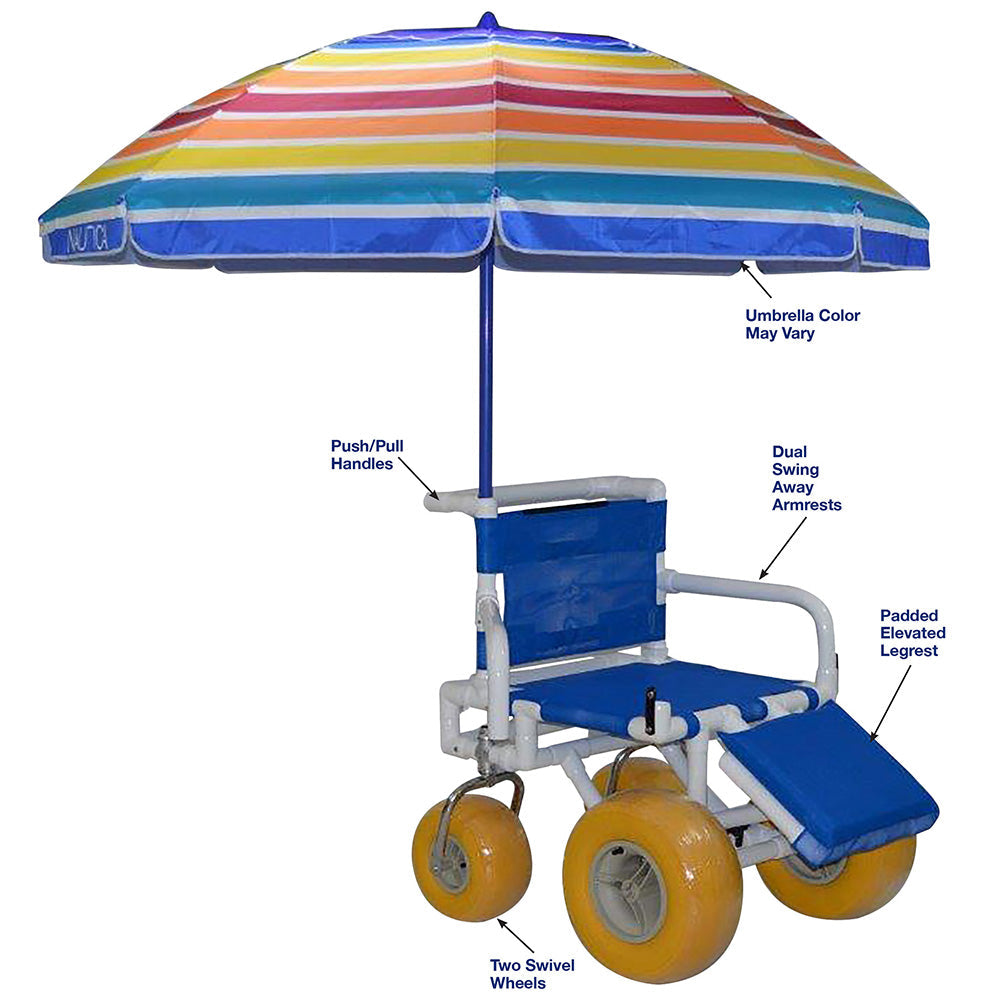 MJM International 722-ATC-ELR-YLW-GRYW-UMB-KD All Terrain Beach Wheelchair with Umbrella Heavy Duty Wheels Non-Corrosive Plastic Bearings, 2 Swivel And 2 Rigid Wheels, Padded Cushion Seat, User-Friendly Elevating Leg Rest