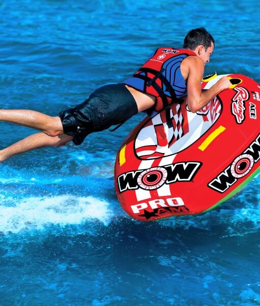 WOW Sports 1 Person Towable Water Tube - Ace Racing Starter Kit w 12V Pump & 1K Tow Rope by Jupiter Gear