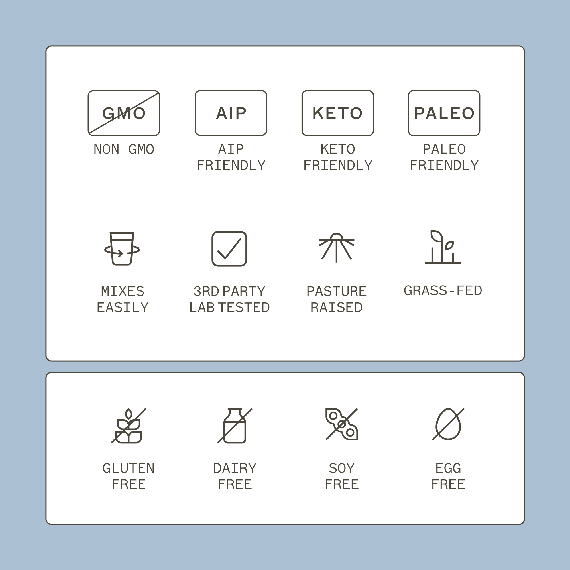AMMD Collagen Protein powder product icons. Non gmo, AIP friendly, Keto friendly, paleo friendly, mixes easily, 3rd party lab tested, pasture raised, grass-fed. gluten free, dairy free, soy free, egg free. 