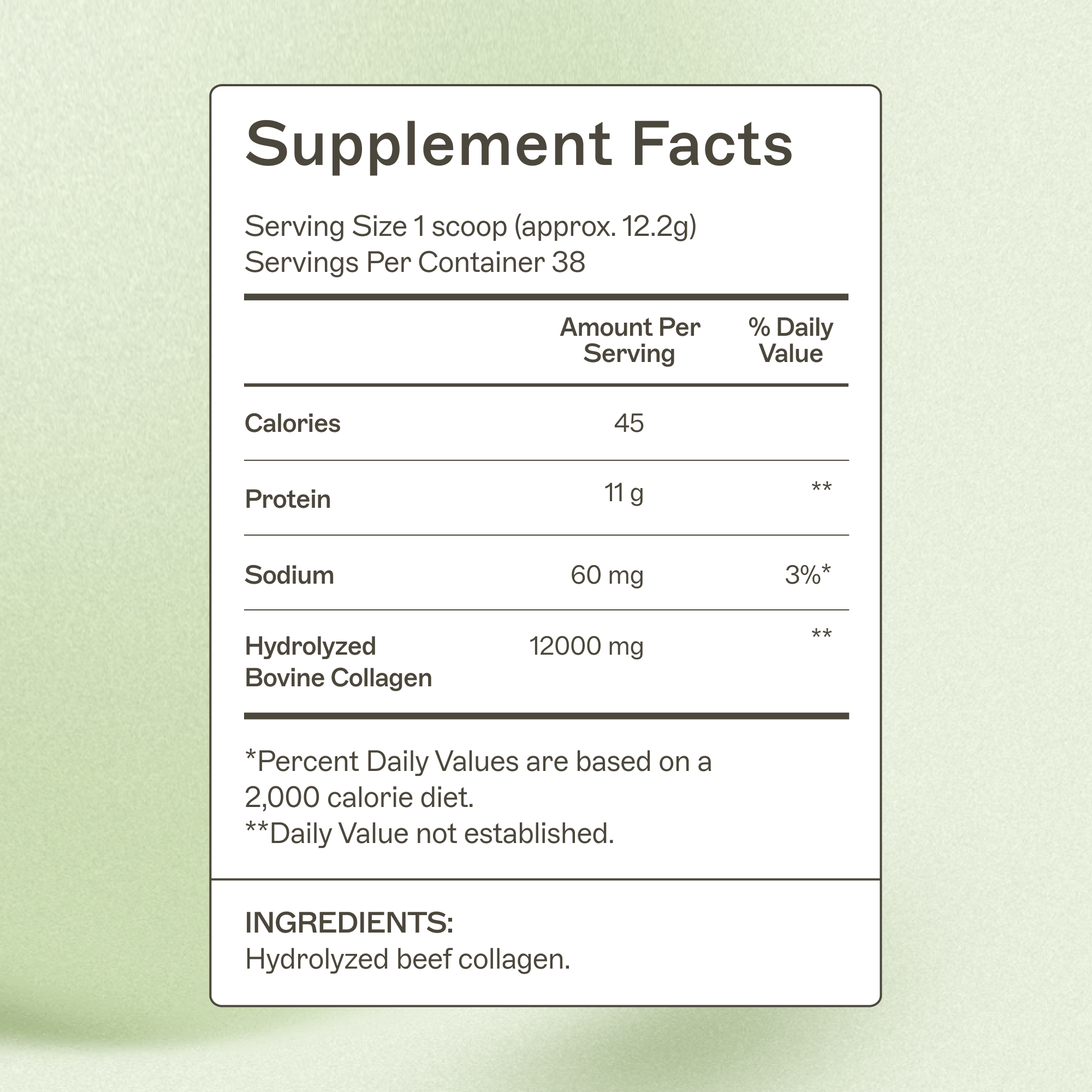 AMMD Collagen Protein Powder Supplement Facts Panel. 