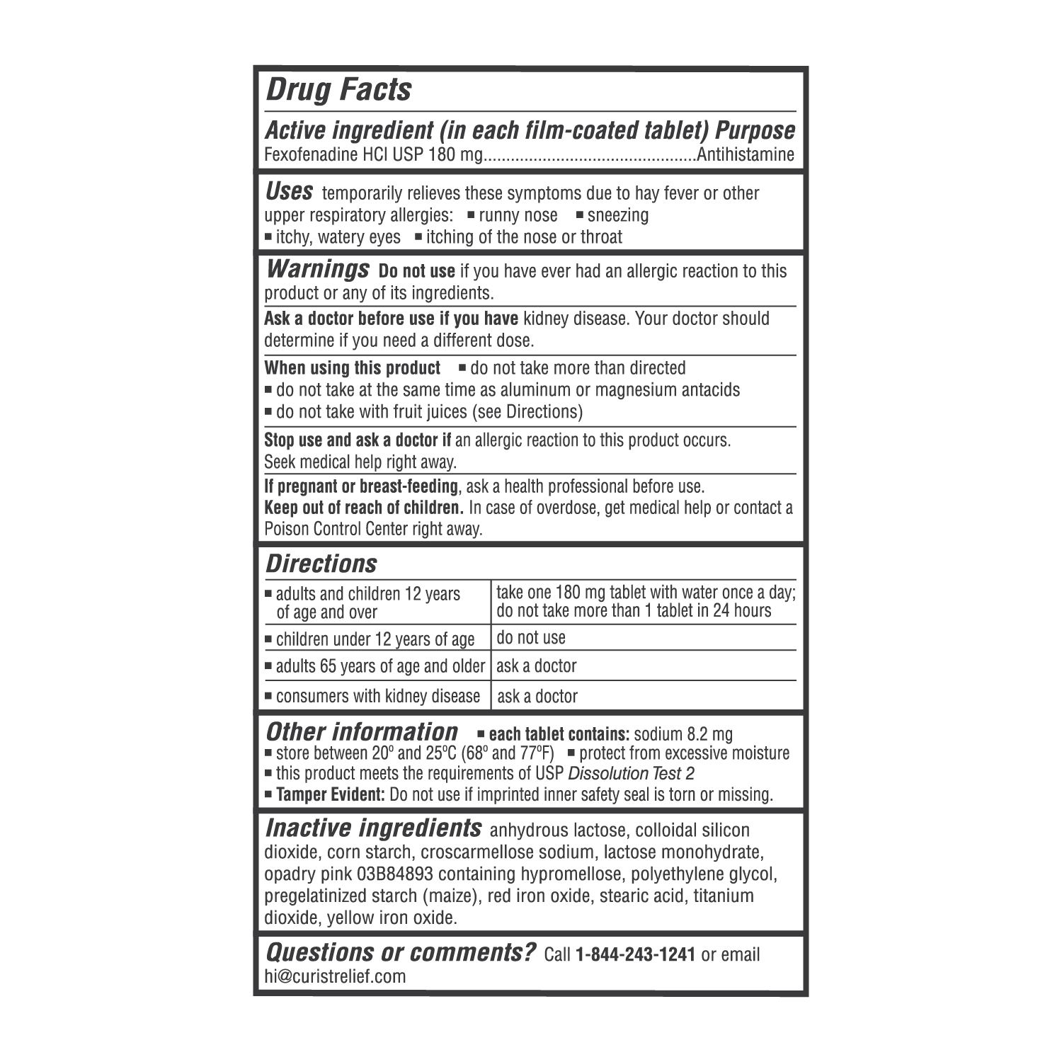 fexofenadine drug facts for curist allergy relief