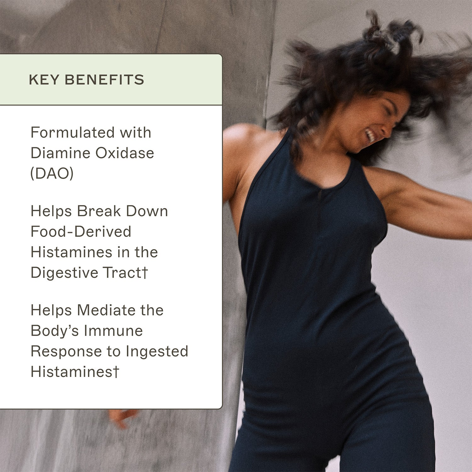 AMMD Histazyme Key Benefits infographic. Formulated with Diamine Oxidase (DAO).  Helps break down food-derived histamines in the digestive tract†. Helps mediate the body's immune response to ingested histamine†. 