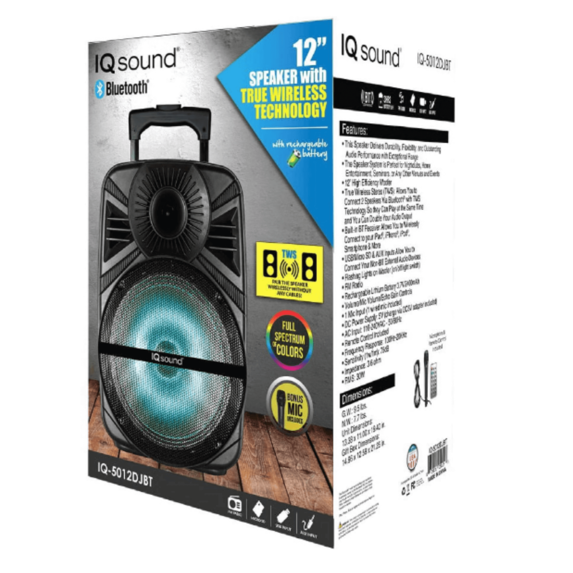 IQ Sound 12" Portable Bluetooth Speaker with True Wireless Technology by Jupiter Gear