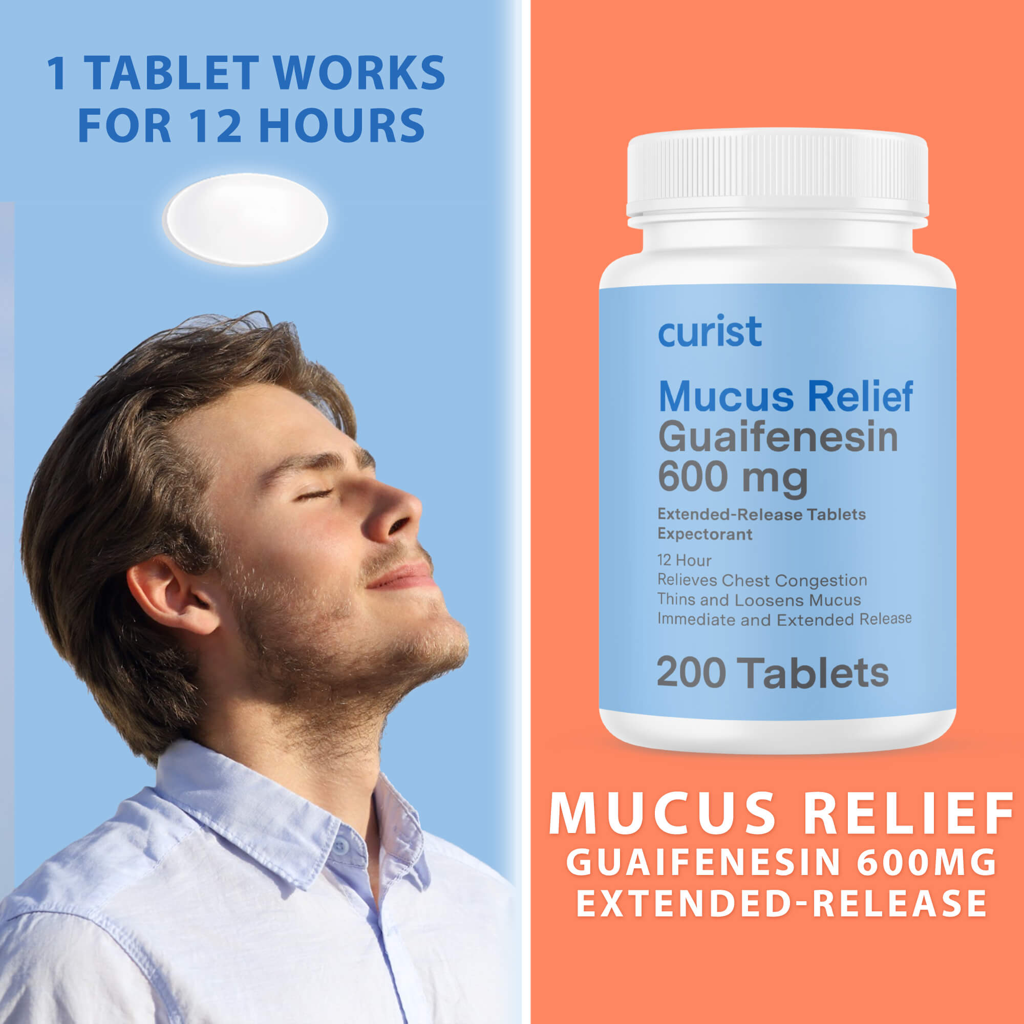 image of person breathing freely - 1 tablet works for 12 hours - mucus relief guaifenesin 600 mg extended-release