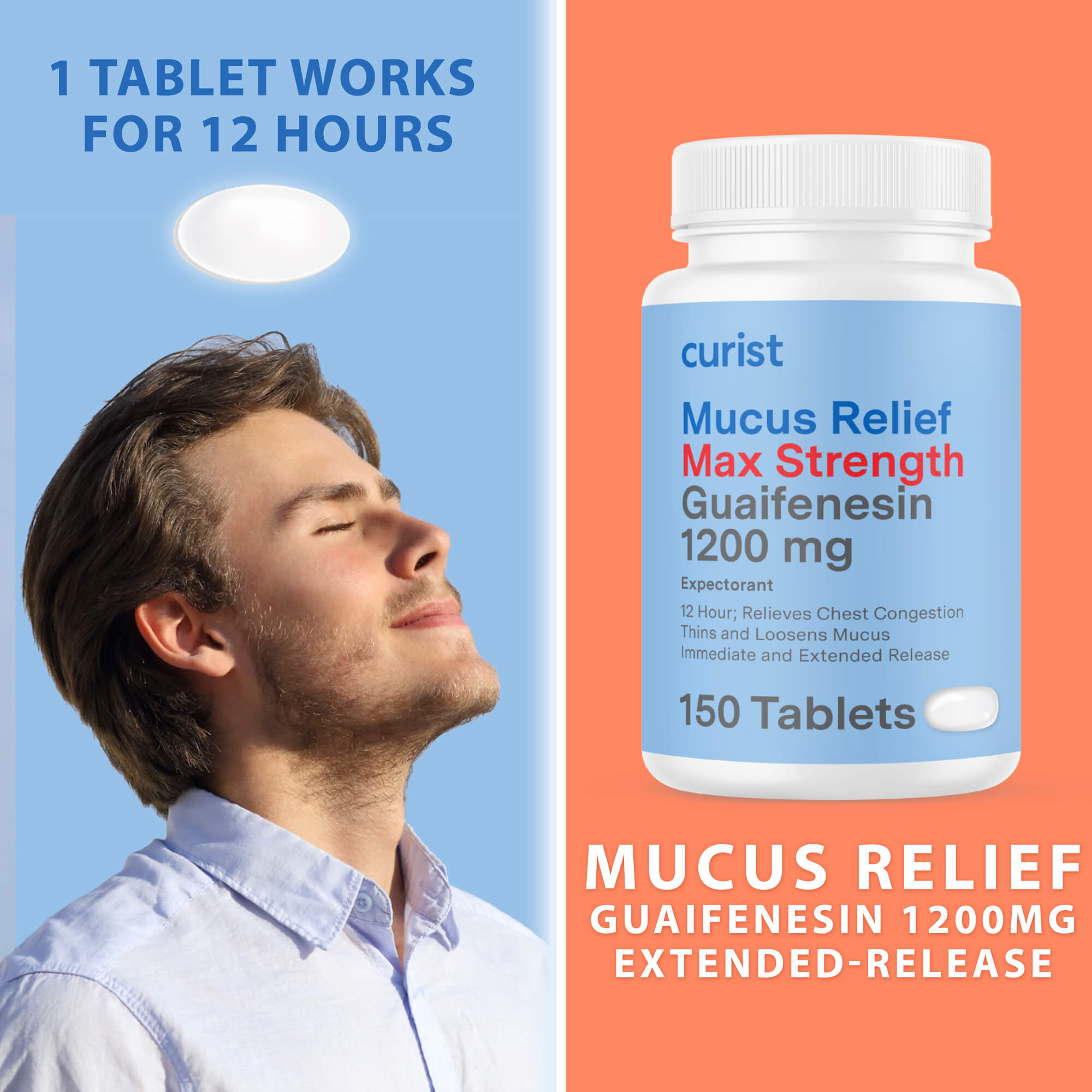 image of person breathing freely - 1 tablet works for 12 hours - mucus relief guaifenesin 1200 mg extended-release