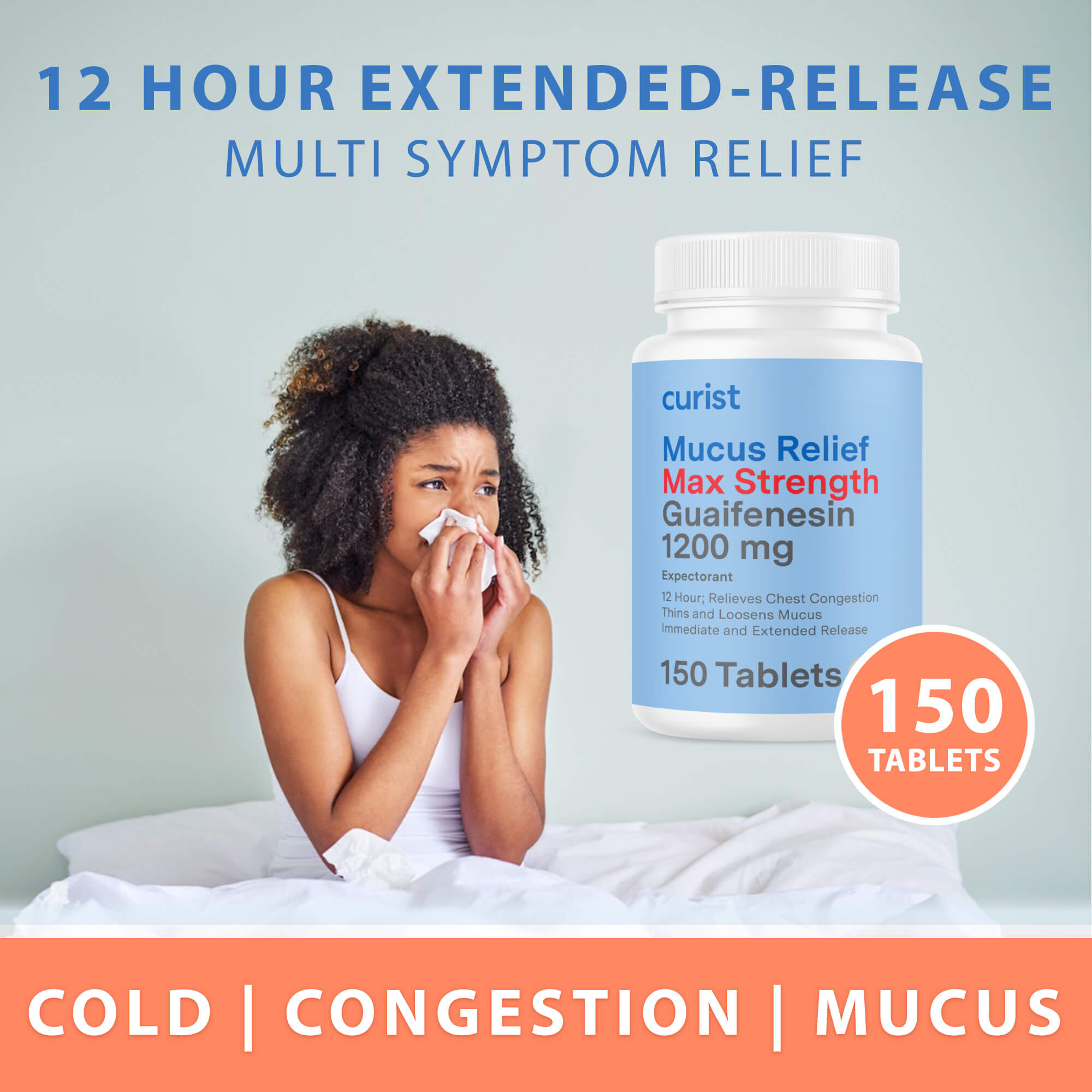 picture of person with congestion - 12 hour extended-release multi symptom relief - cold congestion mucus - 150 tablets