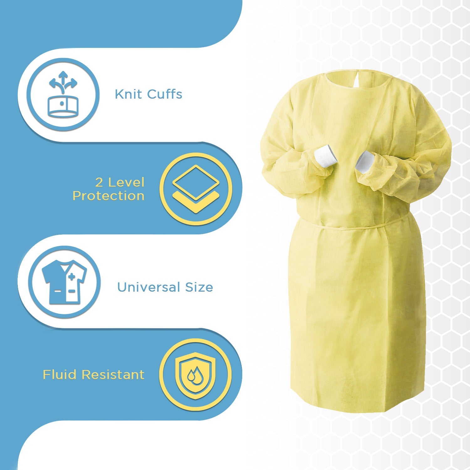 Disposable Isolation Gowns with Knit Cuffs - Universal Size, Level 2, SMS, 100/Case - Yellow