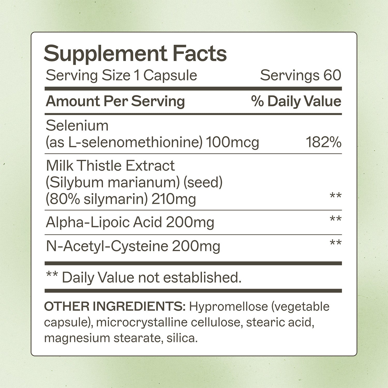 Liver Support Supplement Facts Panel. 