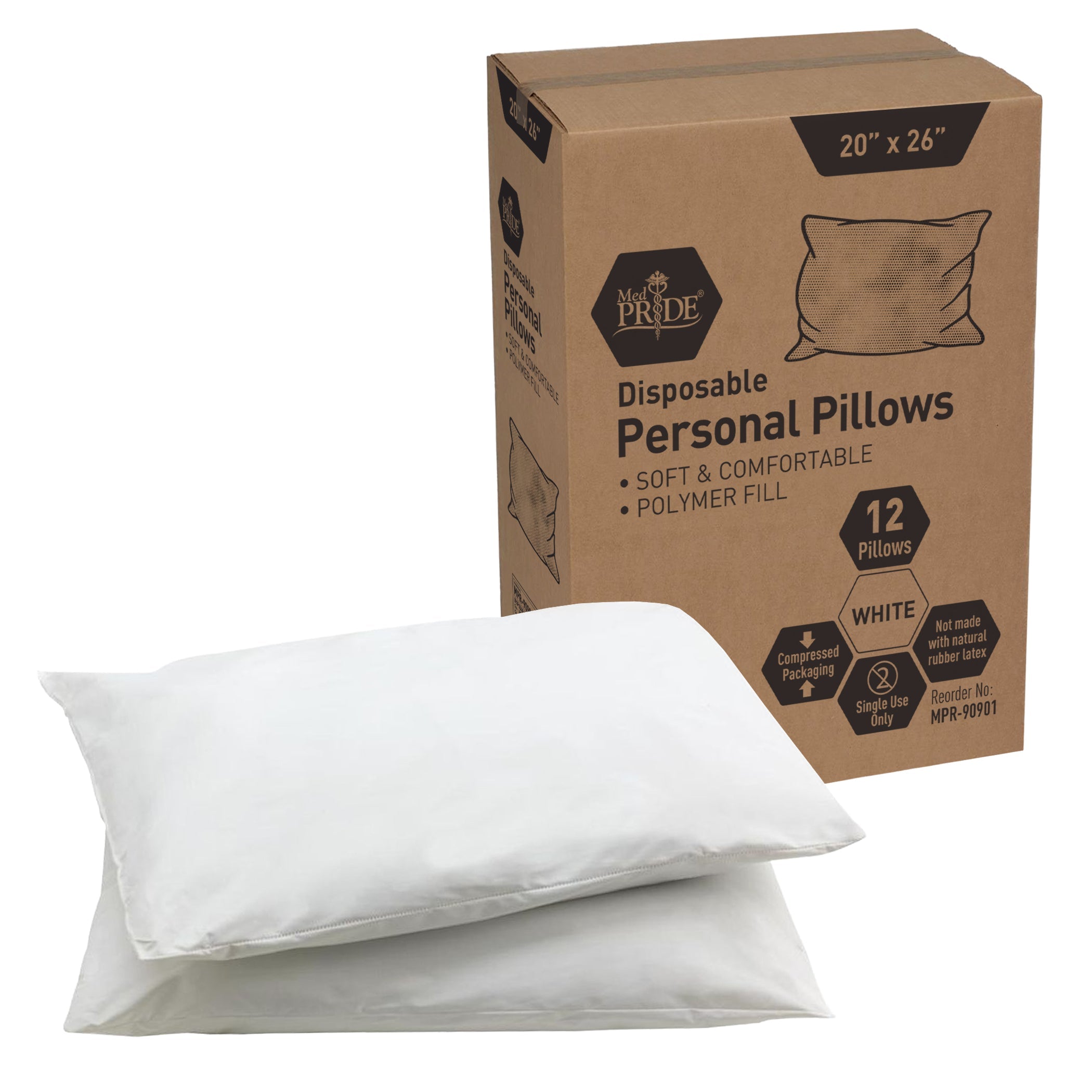 MedPride 20"x26" Single Use Personal Pillow, Polymer Fill Disposable Bed Pillows - 12 Count